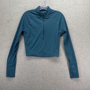 Stori Shirt Womens Small Blue Cropped 1/4 Zip Mock Neck Athletic Running Top